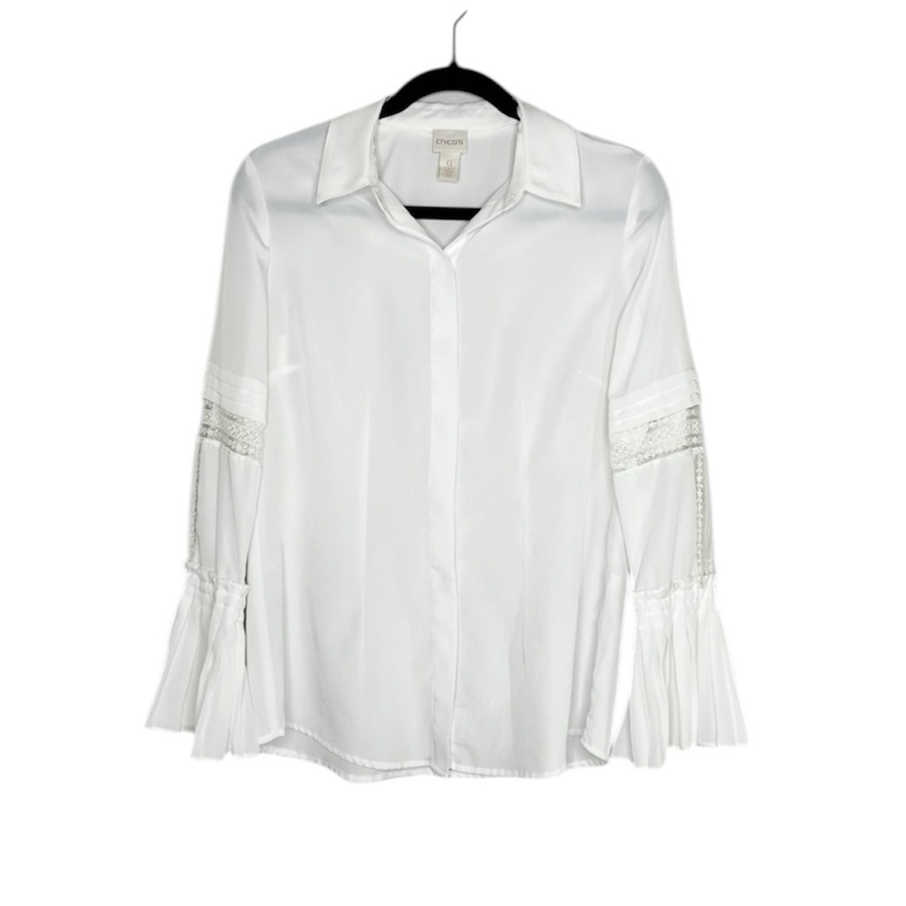 Chico’s Poetcore Pleated Bell Sleeve White Button Down boho top size 0